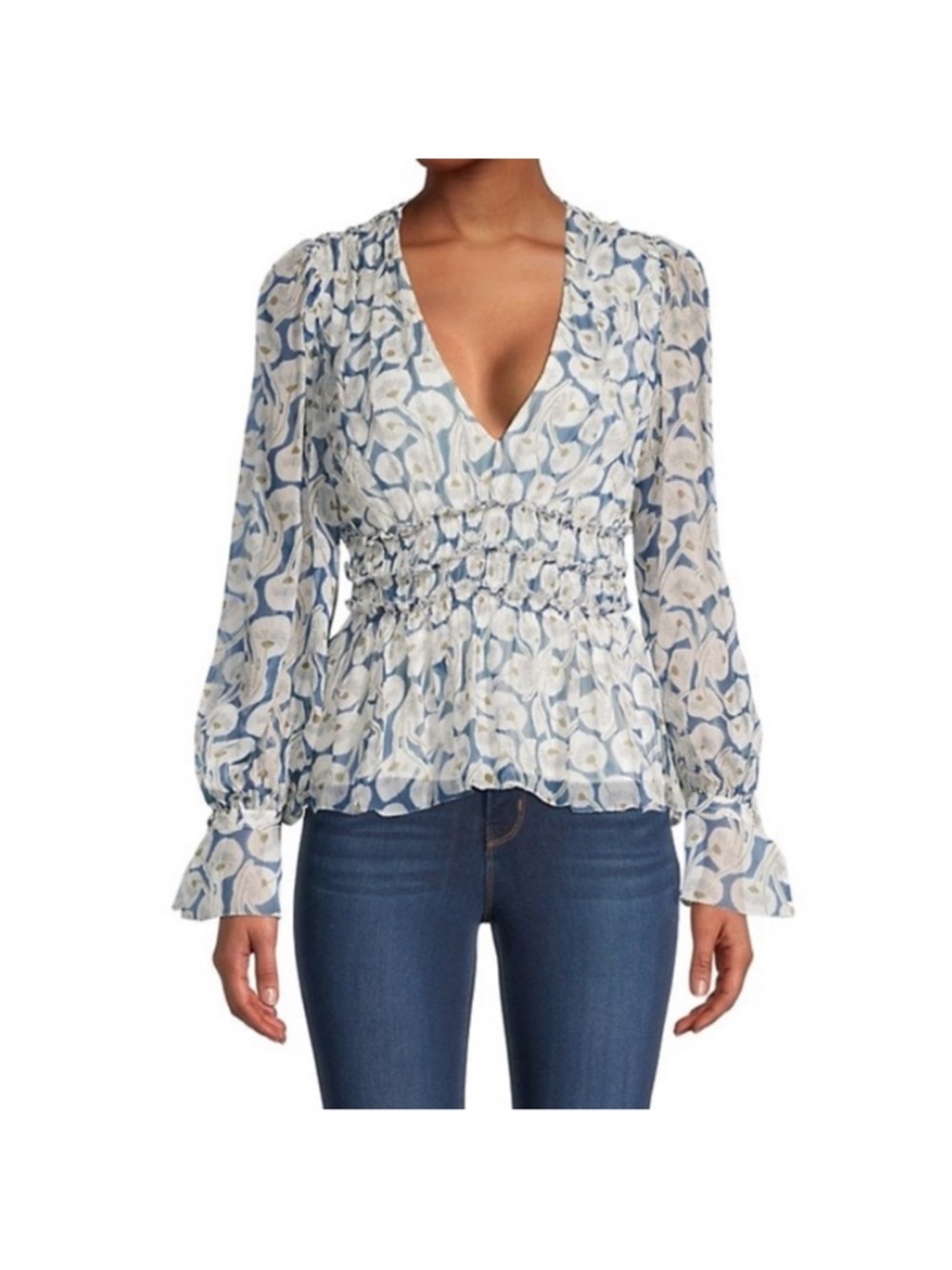 Rebecca Taylor Silk Blue and Cream Floral Smocked-Waist V-Neck Blouse 12